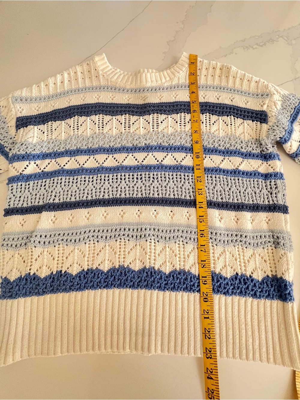 LOFT Chunky knit Open Stitch Cream Sweater with Light and Royal Blue Stripes, M - Picture 7 of 9